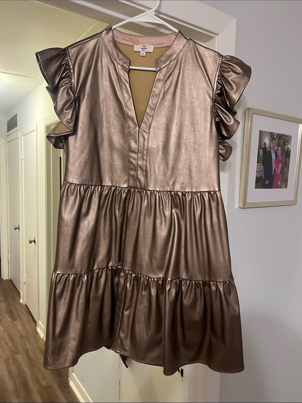 entro Metallic Bronze Ruffle Sleeve Tiered Dress